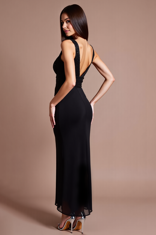 Black Sheath Satin Backless Long Formal Dress with Slit