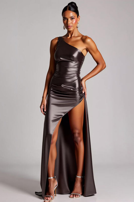 Dark Grey Sheath One Shoulder Long Formal Dress with Slit