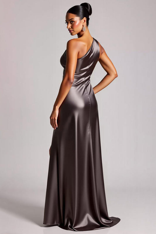 Dark Grey Sheath One Shoulder Long Formal Dress with Slit