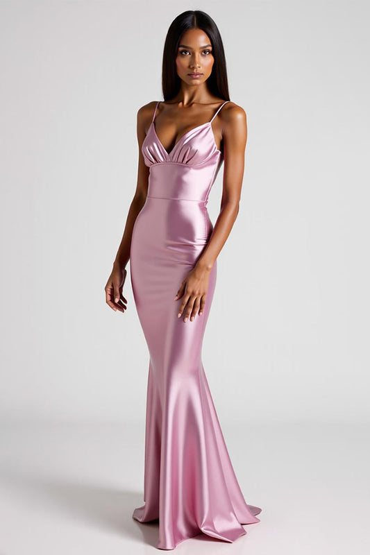 Pink Sheath Satin Spaghetti Straps Long Formal Dress