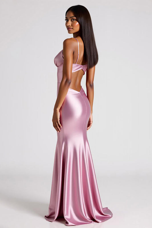 Pink Sheath Satin Spaghetti Straps Long Formal Dress