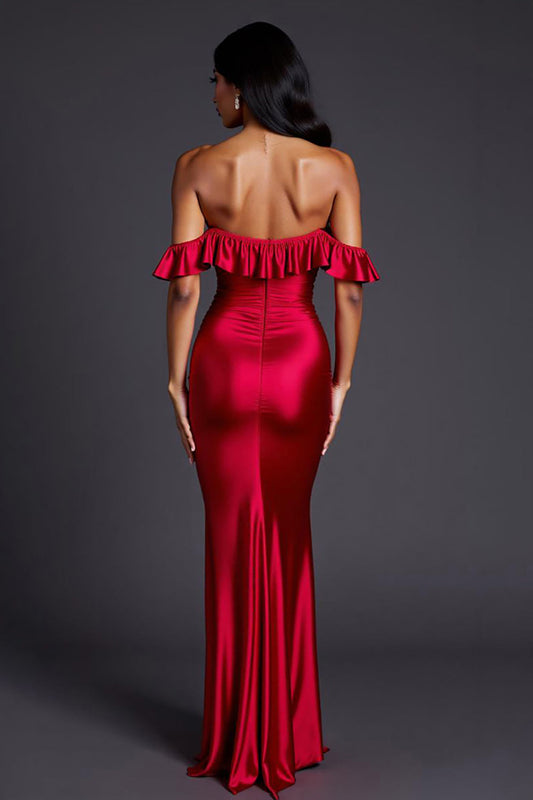 Red Off the Shoulder Sheath Long Formal Dress with Slit