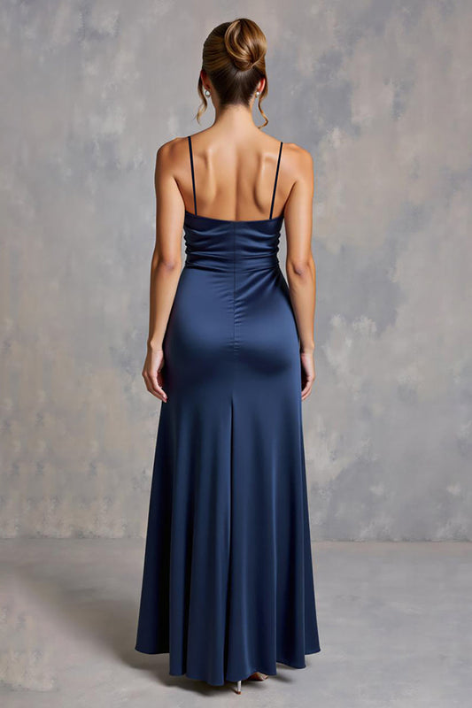 Navy Satin Spaghetti Straps Long Formal Dress with Slit