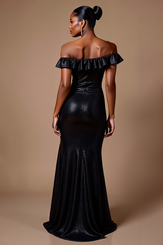Sparkly Black Sheath Off the Shoulder Long Formal Dress with Slit