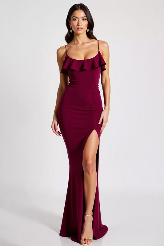 Sheath Burgundy Spaghetti Straps Long Formal Dress with Slit