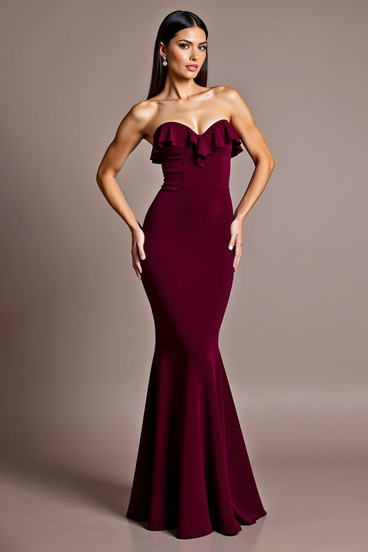 Burgundy Satin Mermaid Sweetheart Formal Dress with Ruffles