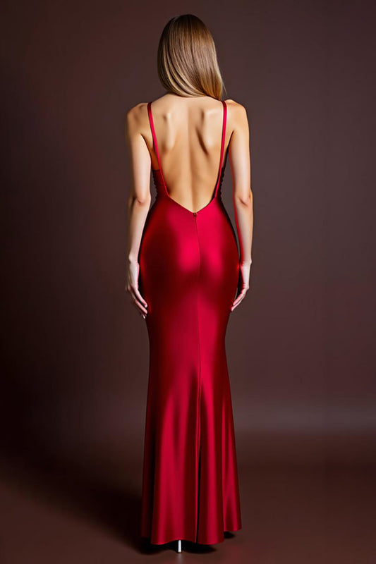 Red Sheath Satin Long Backless Formal Dress with Slit