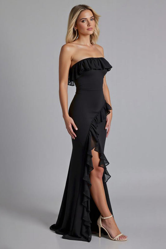 Black Chiffon Sheath Square Neck Long Formal Dress with Slit