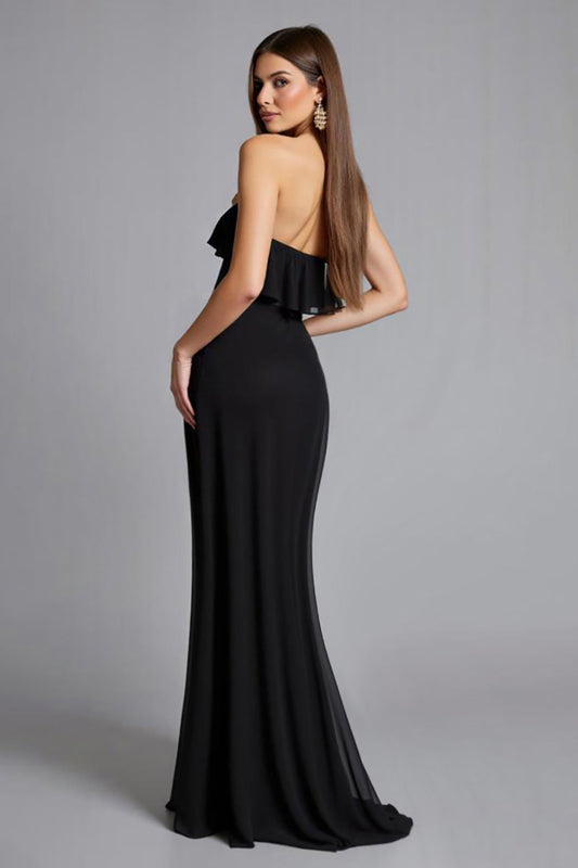Black Chiffon Sheath Square Neck Long Formal Dress with Slit