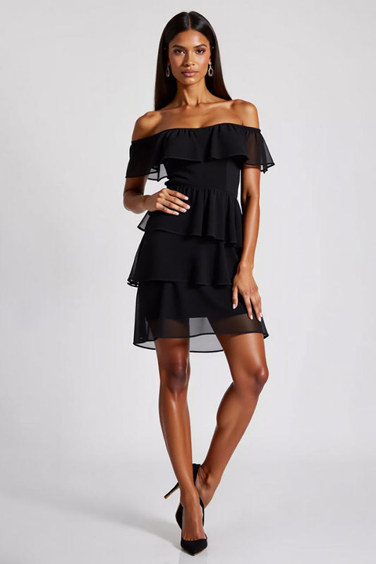 Tiered Chiffon Off the Shoulder Short Little Black Dress