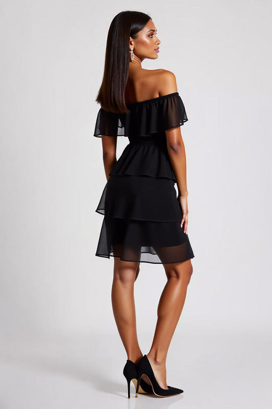 Tiered Chiffon Off the Shoulder Short Little Black Dress