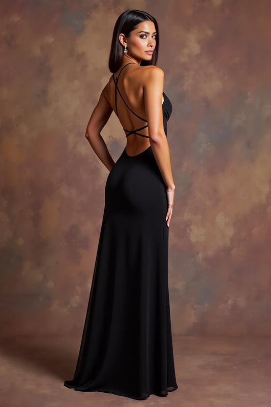 Black Satin Deep V-Neck Long Formal Dress with Slit