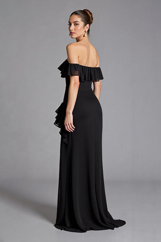 Black Chiffon Square Neck A Line Long Formal Dress with Slit
