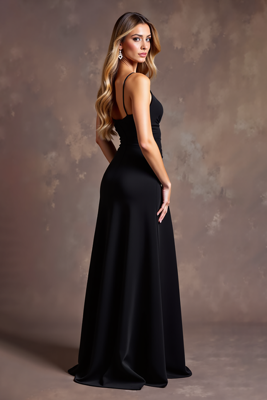 Black V-Neck High-Low Spaghetti Straps Formal Dress