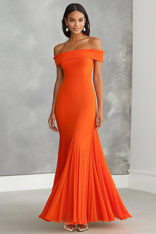 Orange Sheath Off the Shoulder Long Pleated Formal Dress