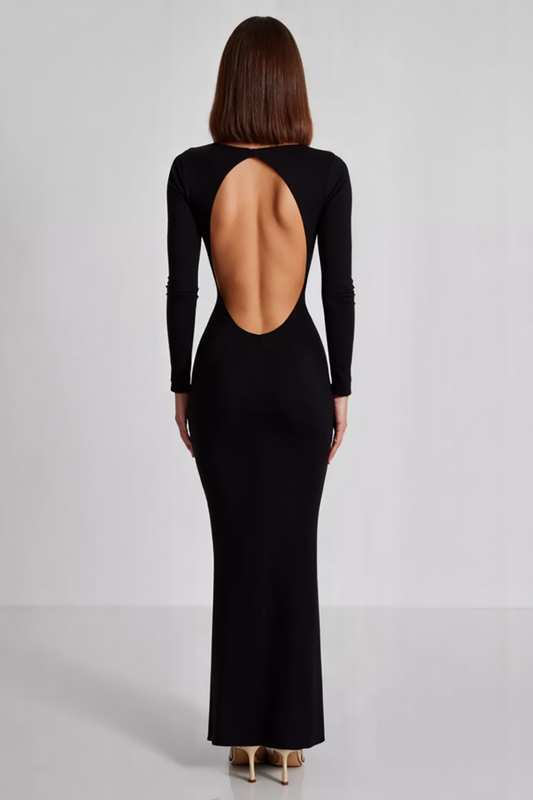 Black Sheath Boat Neck Long Sleeves Formal Dress with Slit
