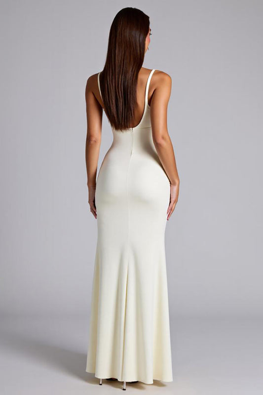 Ivory Sheath Backless V-Neck Long Formal Dress with Slit