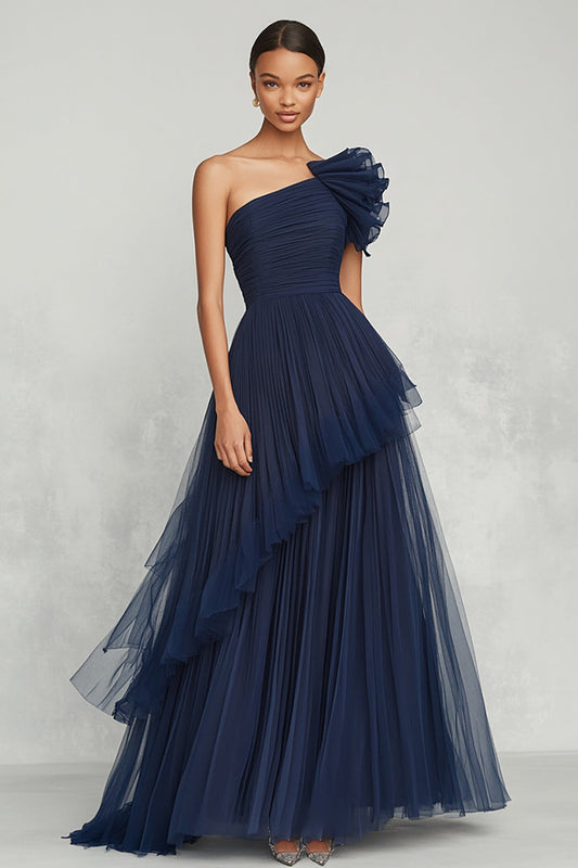 A Line Navy One Shoulder Long Tulle Formal Dress with Ruffles