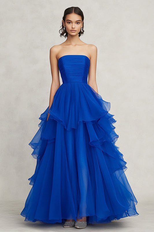 A Line Royal Blue Strapless Tiered Long Formal Dress with Ruffles