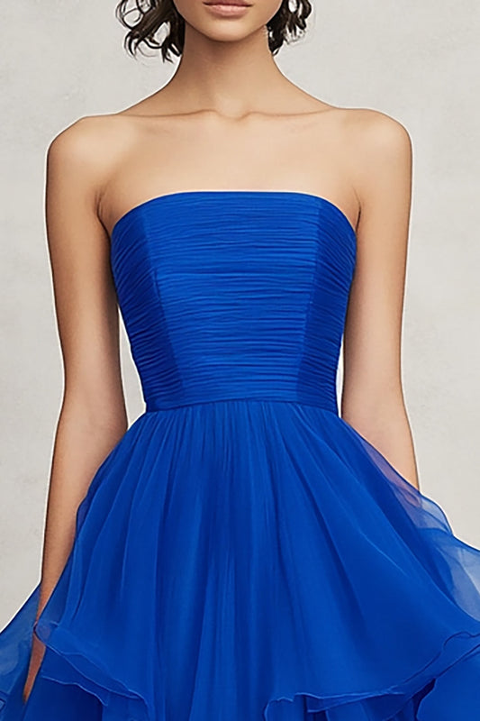 A Line Royal Blue Strapless Tiered Long Formal Dress with Ruffles