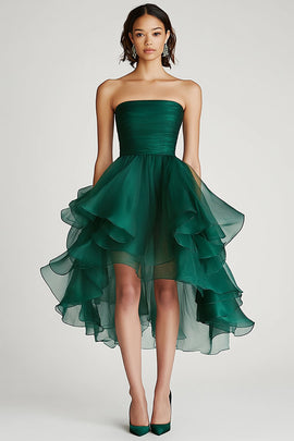 Dark Green A Line Strapless Tulle Short Formal Dress with Ruffles