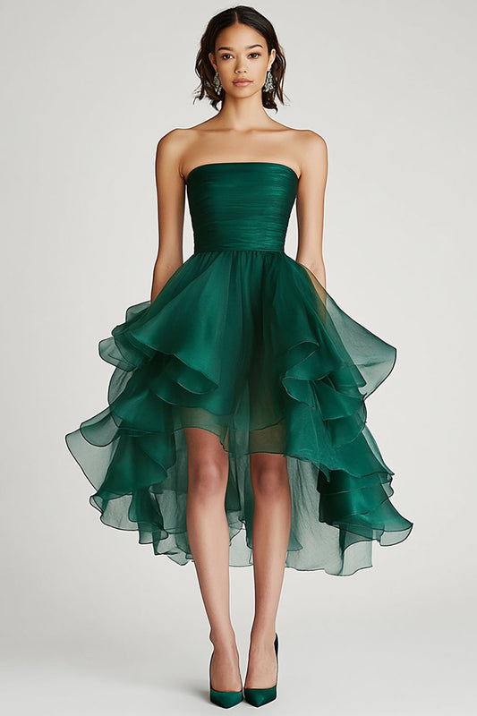 Dark Green A Line Strapless Tulle Short Formal Dress with Ruffles