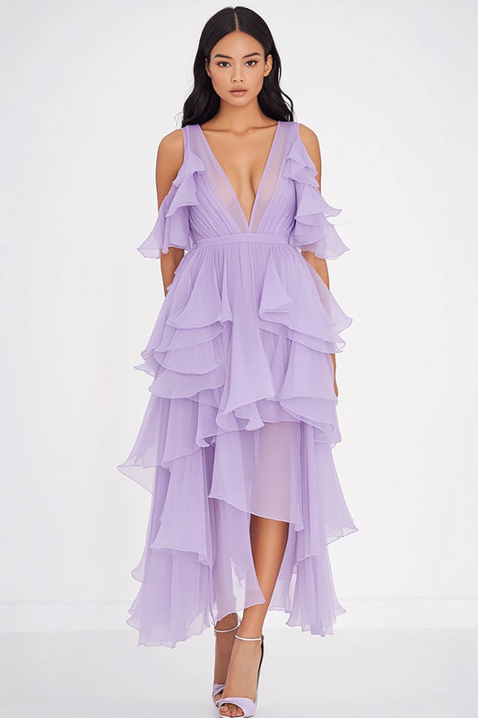 Lilac Chiffon Cold Shoulder Ruffled Long Formal Dress