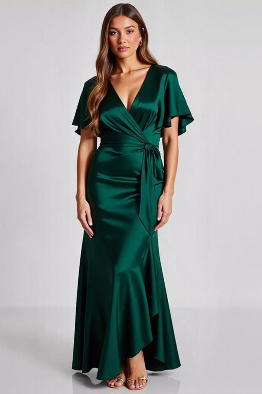 Dark Green Sheath Satin Long Formal Dress with Short Sleeves