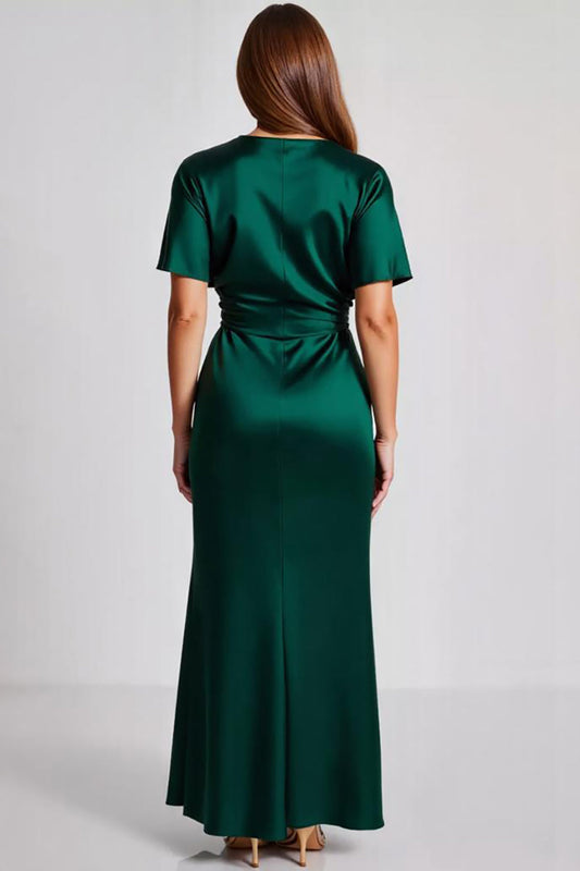 Dark Green Sheath Satin Long Formal Dress with Short Sleeves