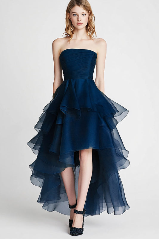 Navy Tulle Tiered Strapless A Line High-Low Formal Dress