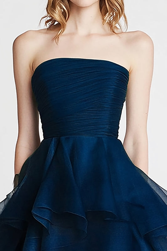 Navy Tulle Tiered Strapless A Line High-Low Formal Dress