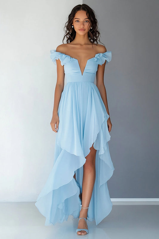 Sky Blue High Low Chiffon Off the Shoulder Formal Dress