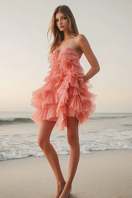 Pink Orange Strapless Sweetheart Mini Cocktail Dress with Ruffles