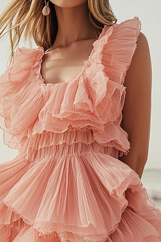 Pink Orange Tiered  Square Neck Mini Cocktail Dress with Ruffles