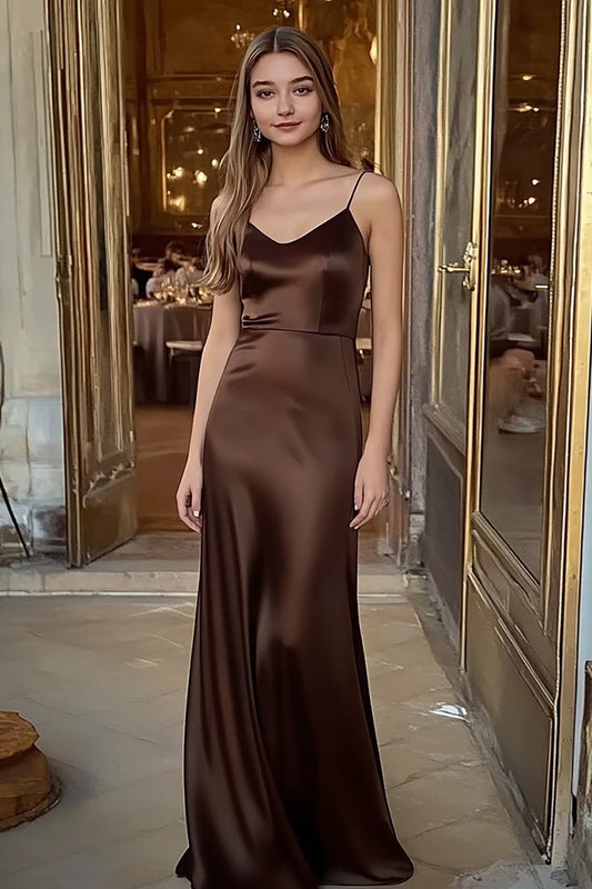 Coffee Sheath Satin Spaghetti Straps Long Formal Dress