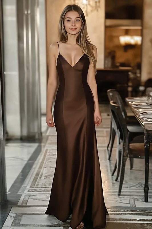 Coffee Sheath Satin V-Neck Long Formal Dress