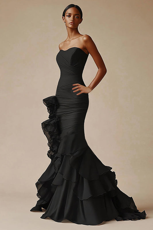 Sweetheart Mermaid Tiered Long Black Tie Dress with Ruffles