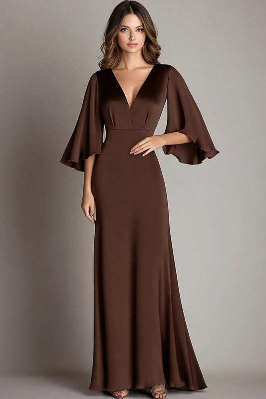 Coffee Sheath V-Neck Formal Dress with Long Sleeves