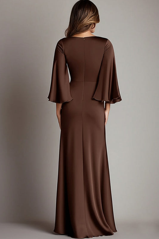 Coffee Sheath V-Neck Formal Dress with Long Sleeves