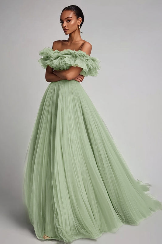 Dusty Sage Tulle Ball Gown Long Formal Dress with Ruffles