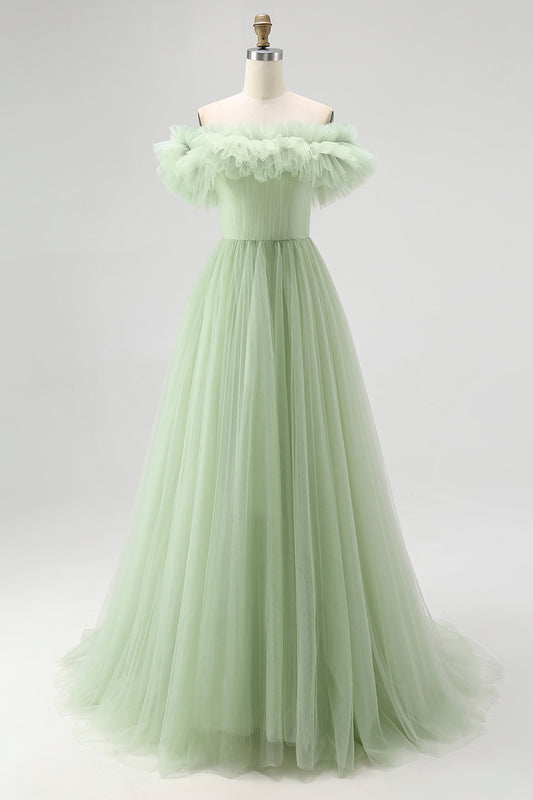 Dusty Sage Off the Shoulder Long Tulle Formal Dress with Ruffles