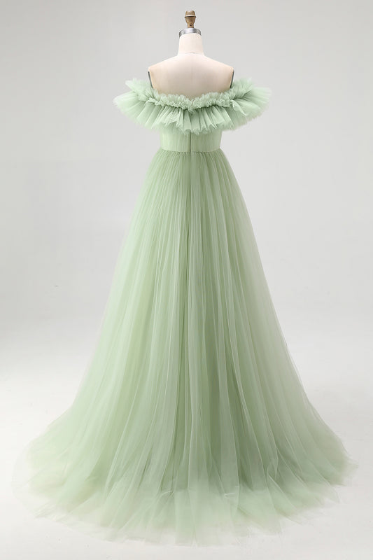 Dusty Sage Off the Shoulder Long Tulle Formal Dress with Ruffles