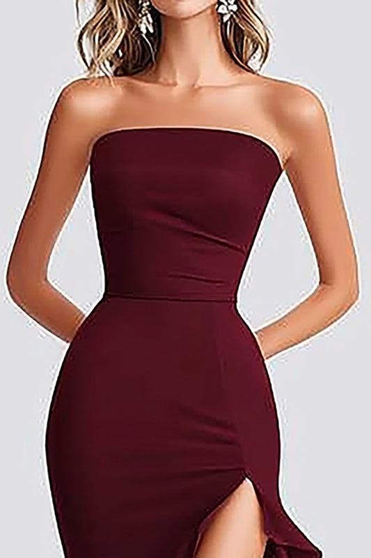 Burgundy Mermaid Square Neck Long Formal Dress with Slit