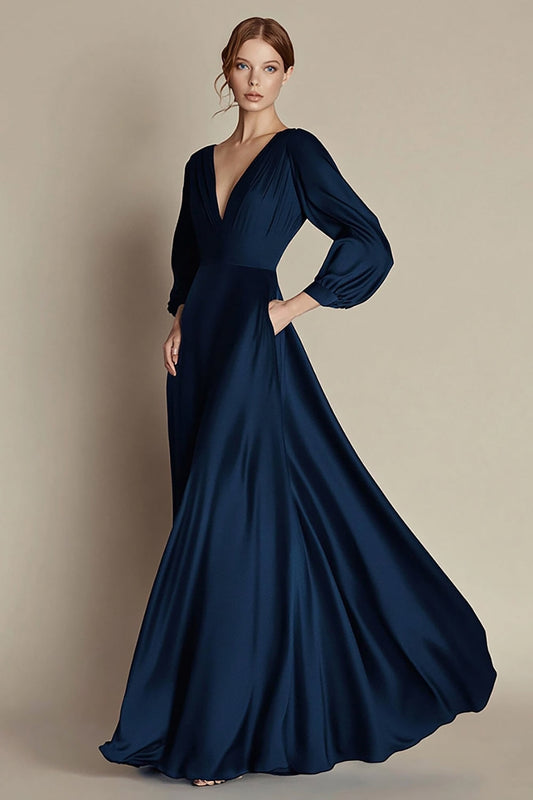 Navy V-Neck A Line Satin Formal Dress with Long Sleeves