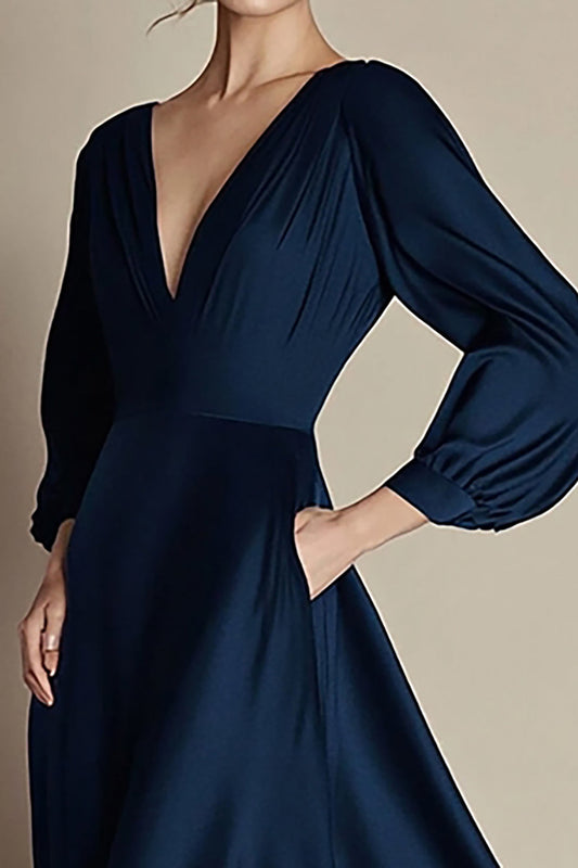 Navy V-Neck A Line Satin Formal Dress with Long Sleeves