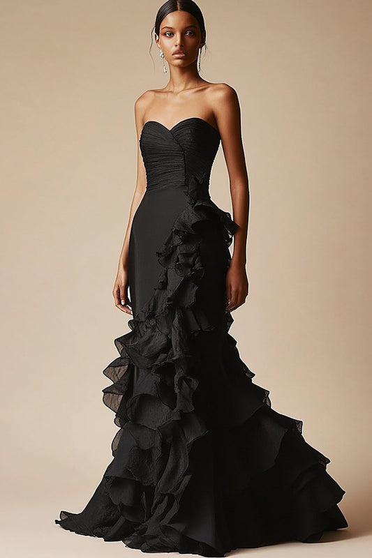 Mermaid Sweetheart Tiered Long Black Tie Dress with Ruffles