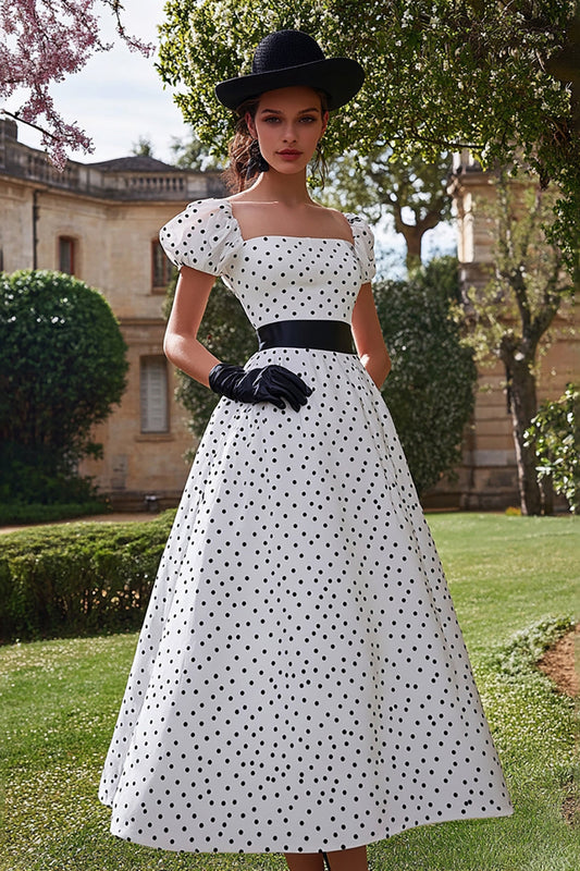 Black&White Square Neck A Line Long Formal Dress with Puff Sleeves