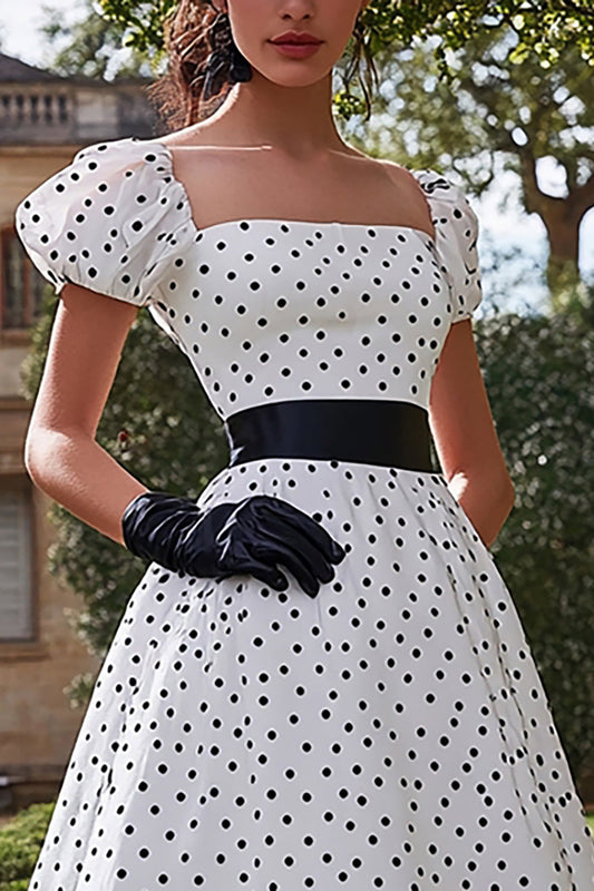 Black&White Square Neck A Line Long Formal Dress with Puff Sleeves