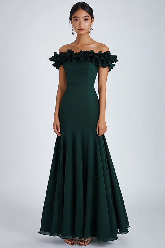 Dark Green Sheath Pleated Long Formal Dress with Ruffles