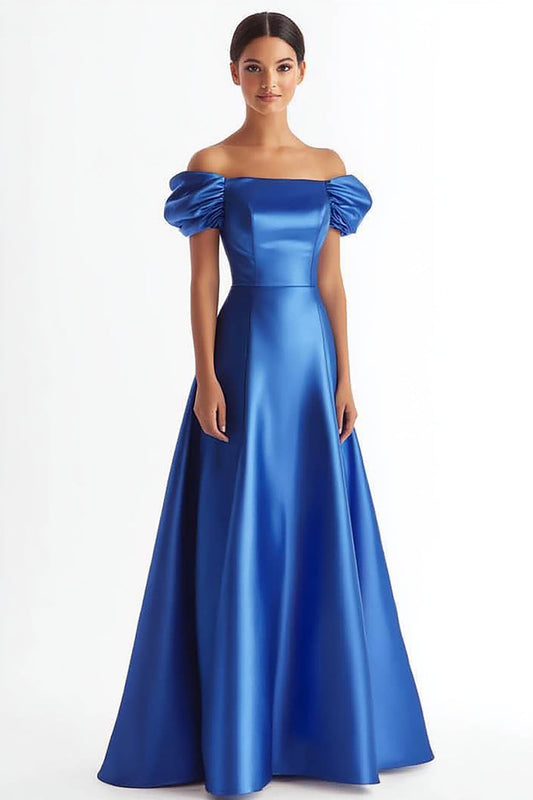 A Line Royal Blue Satin Long Ruffled Formal Dress